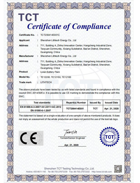 Certificados de batería Shenzhen Lithtech Energy Co Ltd